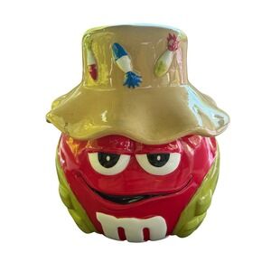 M&M's Red Character Fishing Cookie Jar Ceramic Red Green Tan Hat Lures Novelty